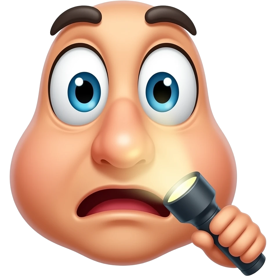 giant glossy cartoon nose with huge shocked eyes and expressive eyebrows, handheld flashlight shining directly into one nostril, no full face, no mouth emoji