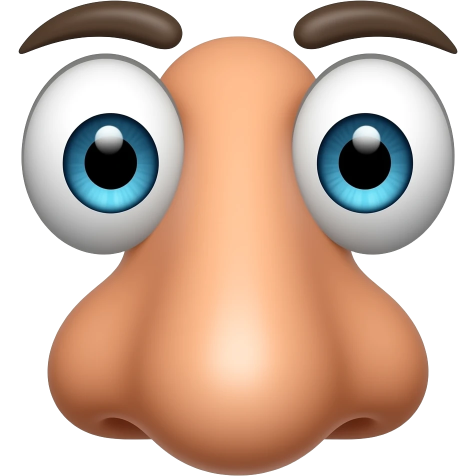 giant glossy nose emoji with huge shocked eyes and expressive eyebrows directly on the nose, no mouth, no face shape, only nose character emoji