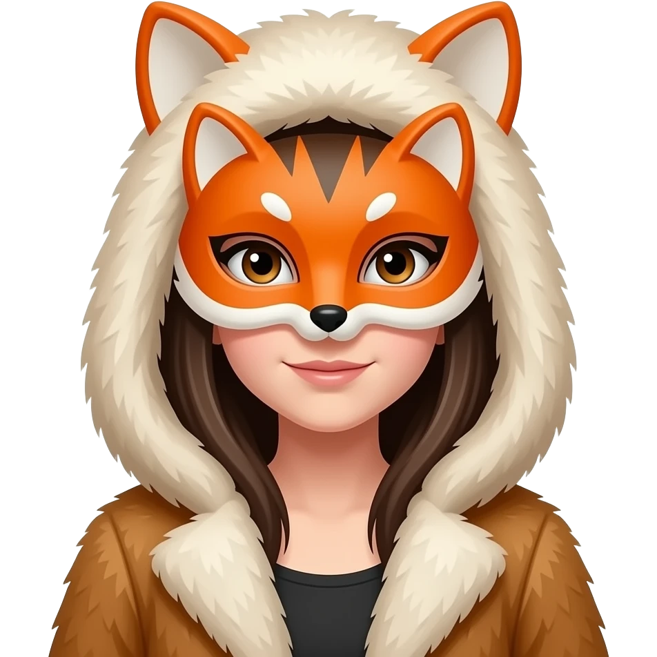 Half body emoji of a girl in orange fox mask with a fur coat and hood on emoji