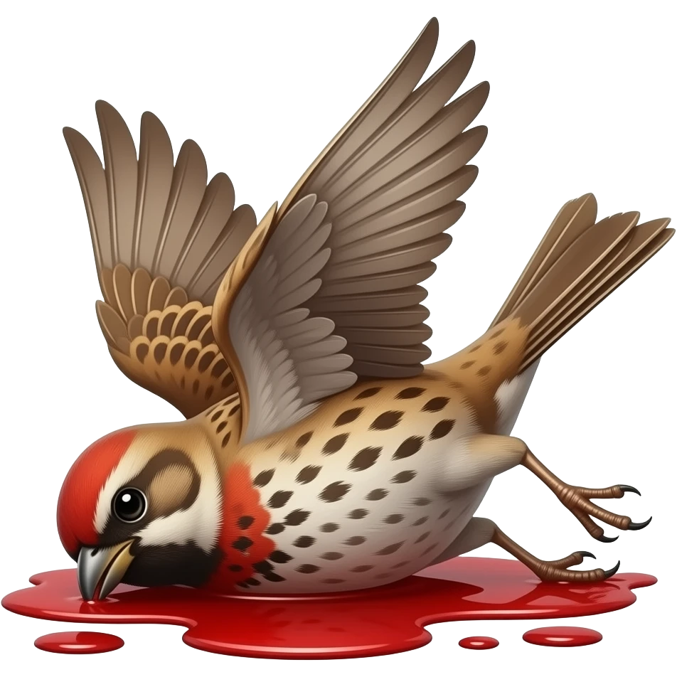 A Dead 2D render iPhone emoji icon of a detailed Brown and red color 3D Render iPhone emoji png of a songbird pinned up with its wings sprawled out and mangled and blood underneath the bird emoji