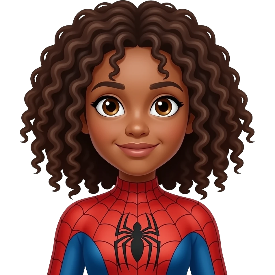 Curly brown hair girl, brown skin, wearing spiderman costume emoji