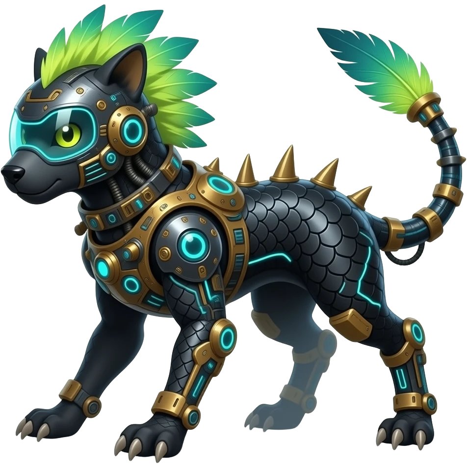 Cool edgy fiery bipedal furry cybernetic electrical visor-helmeted, Circuitry-patterned black-scaled digitigrade futuristic fantasy-Cyberpunk-Steampunk-Solarpunk-Genesect-Cyclizar-Salazzle-Protogen-Fakémon-animal-hybrid, with neon feather-mane, and a tail blade, back spikes emoji