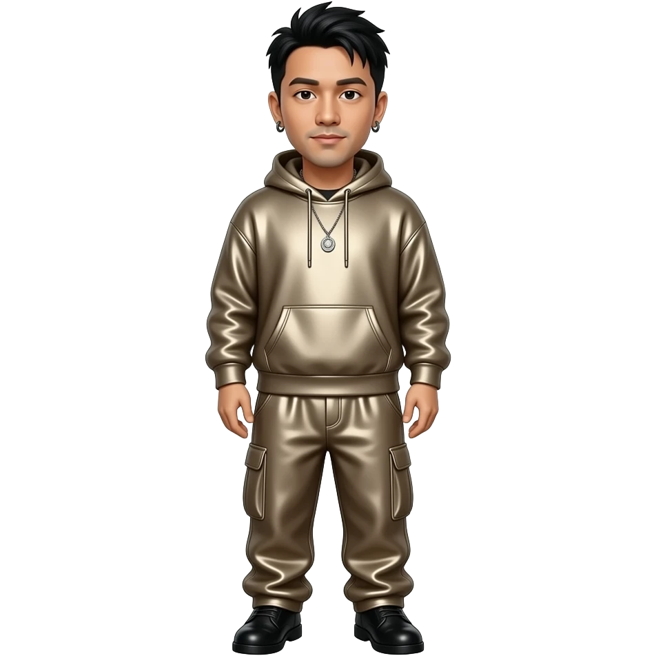 Mike Shinoda with black hair, dark beige metallic hoodie, dark beige metallic baggy pants, black shoes, necklace and earrings emoji