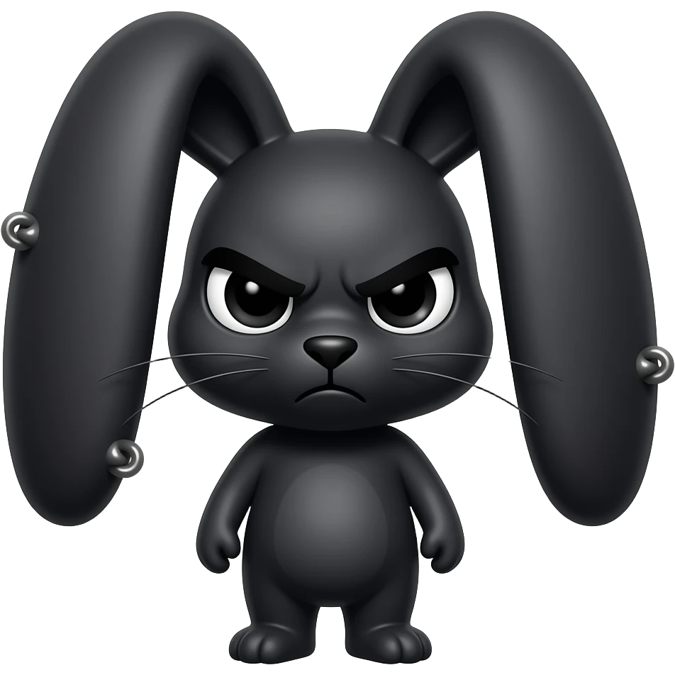 The black rabbit has a wide face with pierced ears, large black eyes and eyebrows, and a stern, tired look emoji