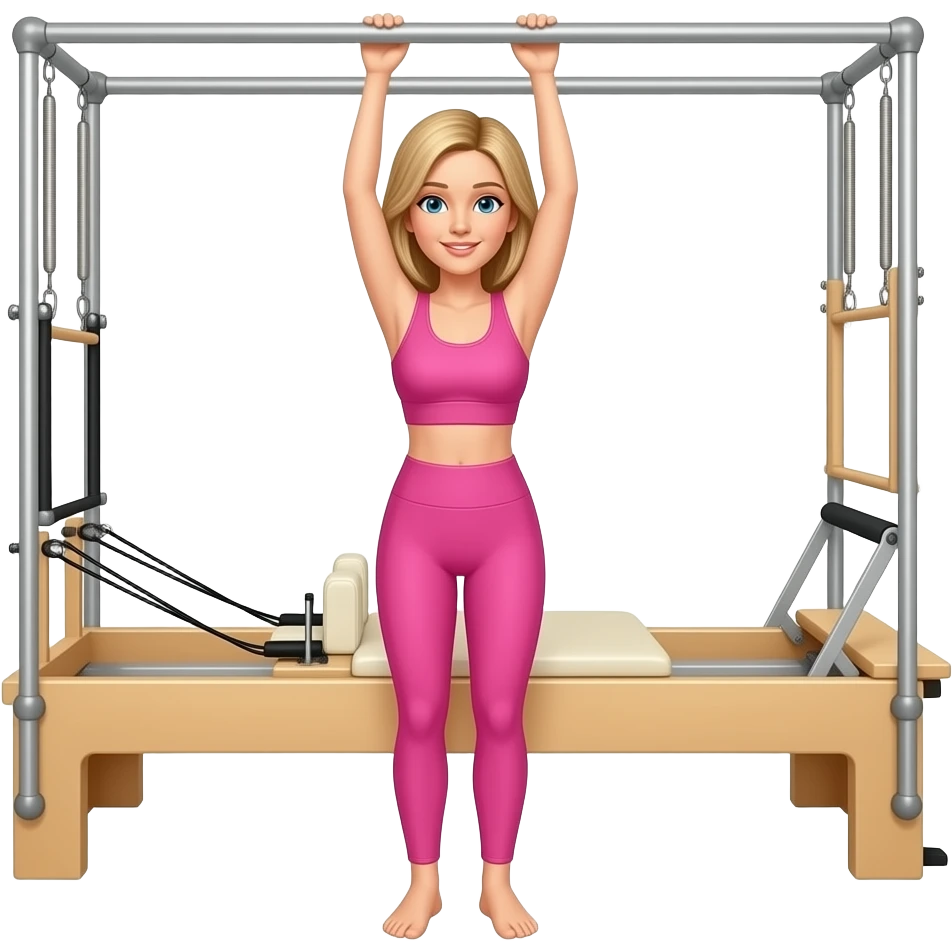 Medium length haired blonde pilates instructor teaching reformer in pink set beige reformer bed emoji