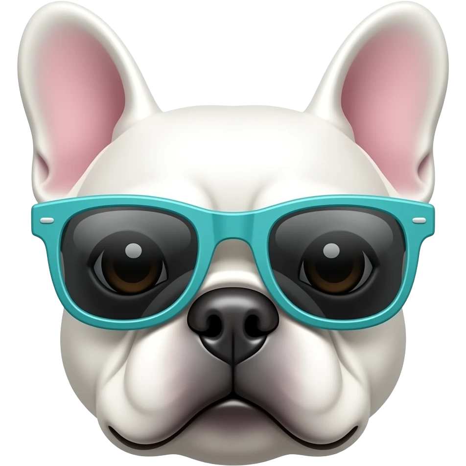 white french bulldog face with teal sunglasses emoji
