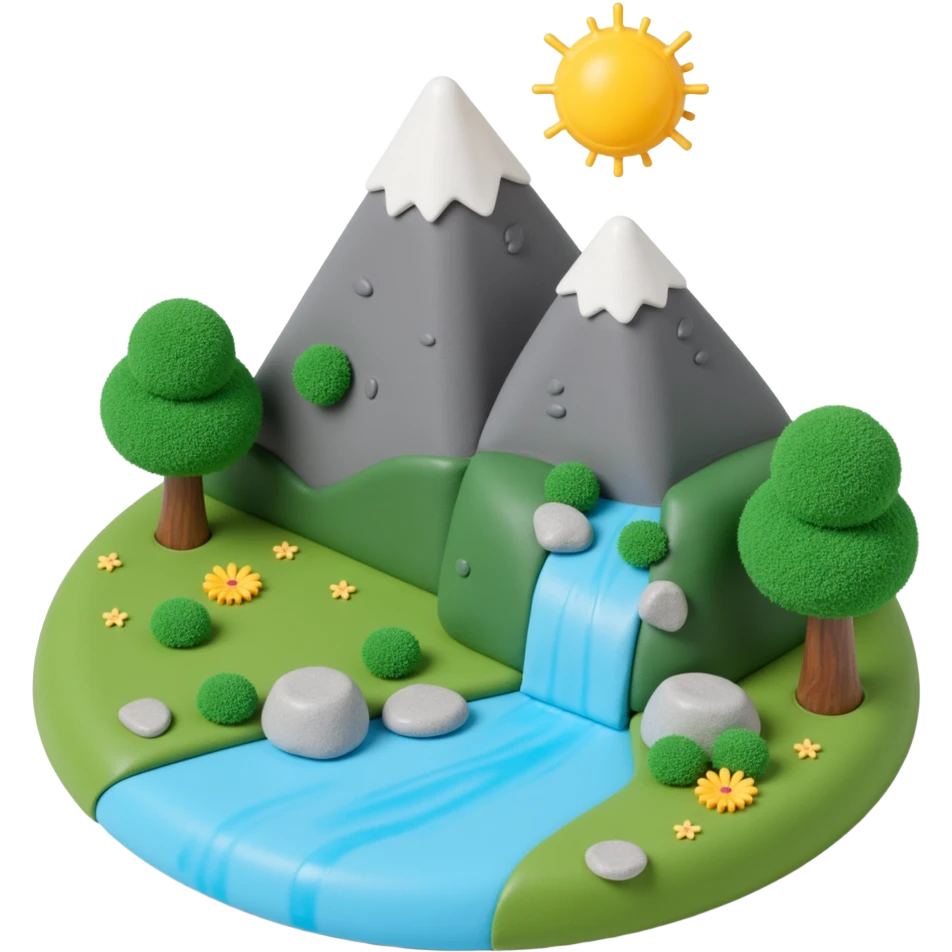 mountains with river flowing and sun emoji