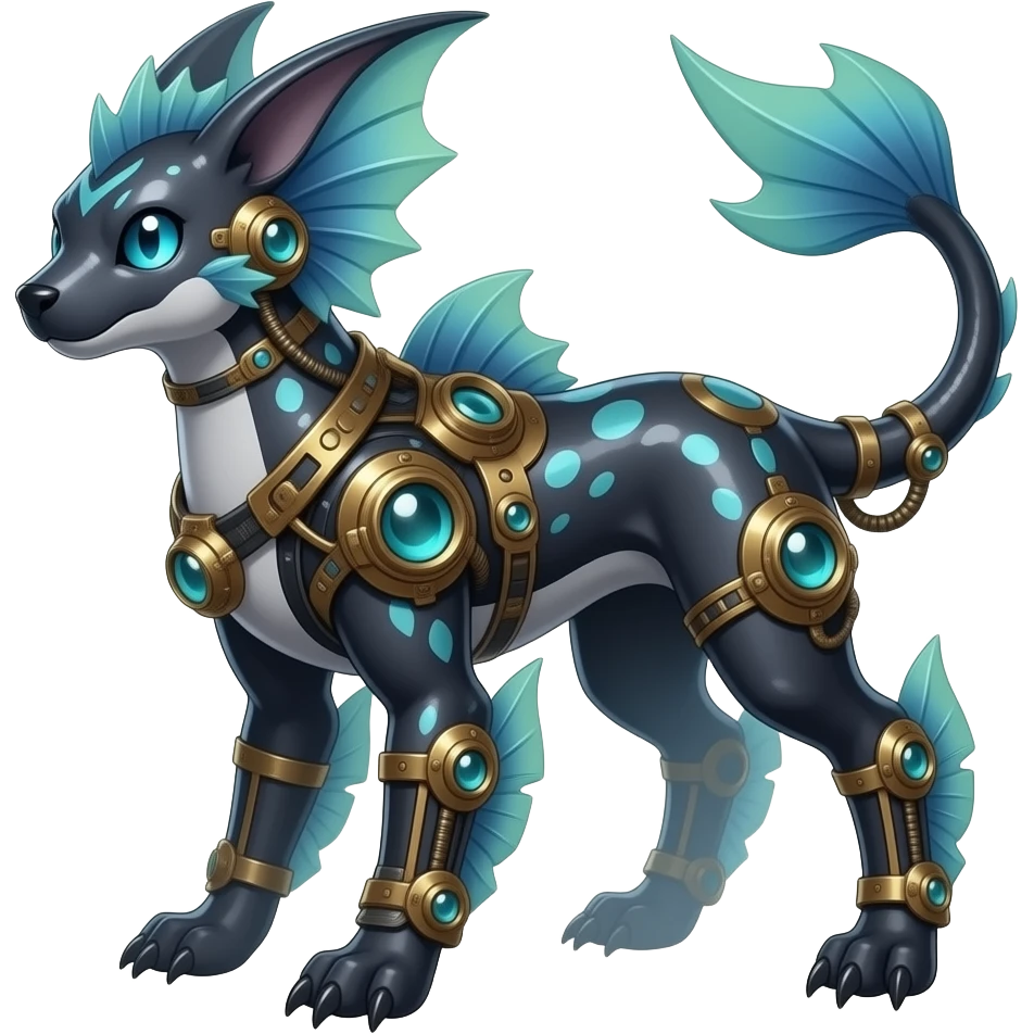 Quadrupedal digitigrade shiny glossy smooth finned frilled gothic tall slim unique epic legendary shiny edgy cool steampunk-cyberpunk-solarpunk-fantasy-Absol-Sprigatito-Vaporeon-Furret-Manectric-Mudkip-Fakémon-hybrid emoji