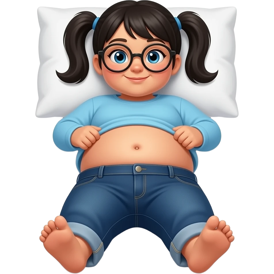 Obese Hispanic little girl with black pigtails and blue eyes rounded black glasses plain light blue long sleeve shirt and dark blue baggy jeans and belly button laying down on her pillow on her bed showing her feet lifting her shirt all the way up with fat belly button looking at her belly emoji