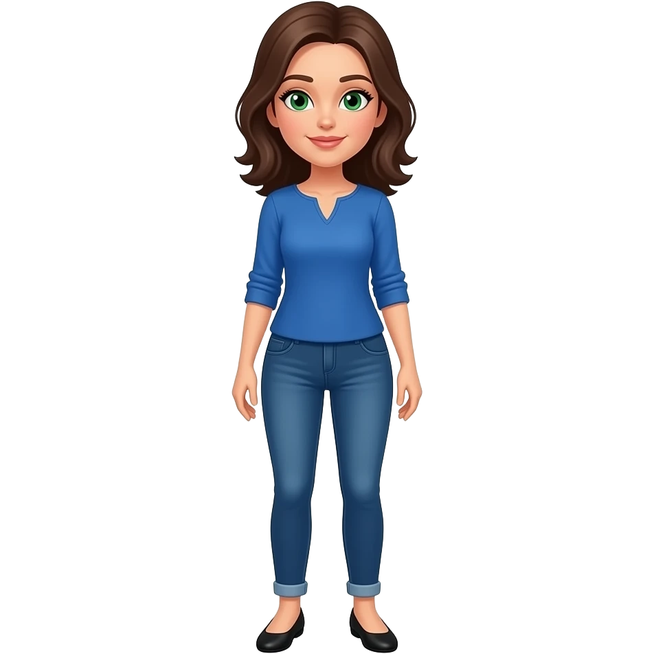 woman with brown hair and green eyes wearing a blue top and jeans with black flat shoes full body emoji