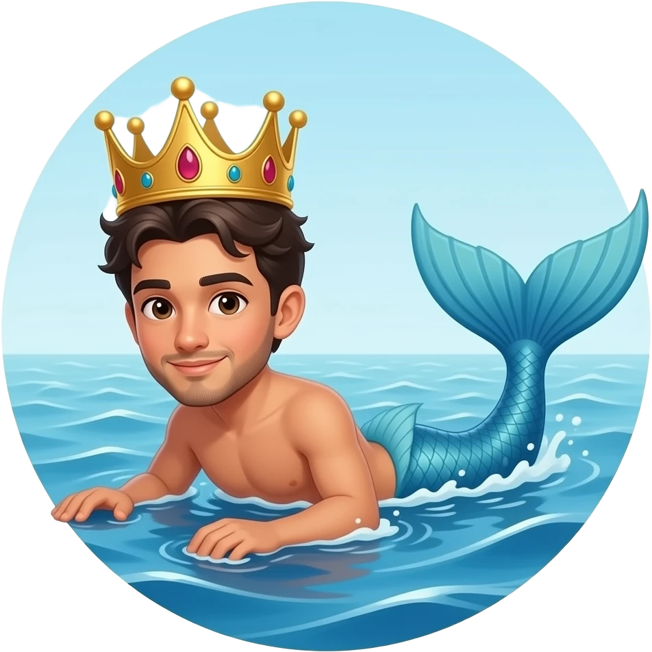 Vector color drawing of a young male mermaid, a dark-skinned, Hispanic-Asian man with a beardless brunette, wearing a golden crown, in blue waves. Vignette decoration as a decorative painting. emoji