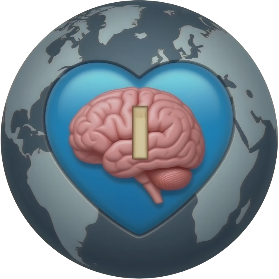 a dark gray globe with a blue heart in and a hot pink brain inside of the heart and add a book inside of the brain emoji