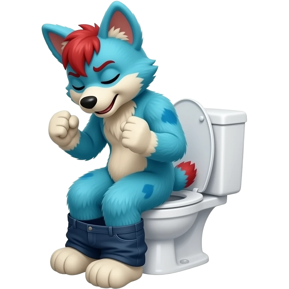 blue fursuit sitting on toilet, side view, pants down, straining, red face, both fists, eyes closed emoji