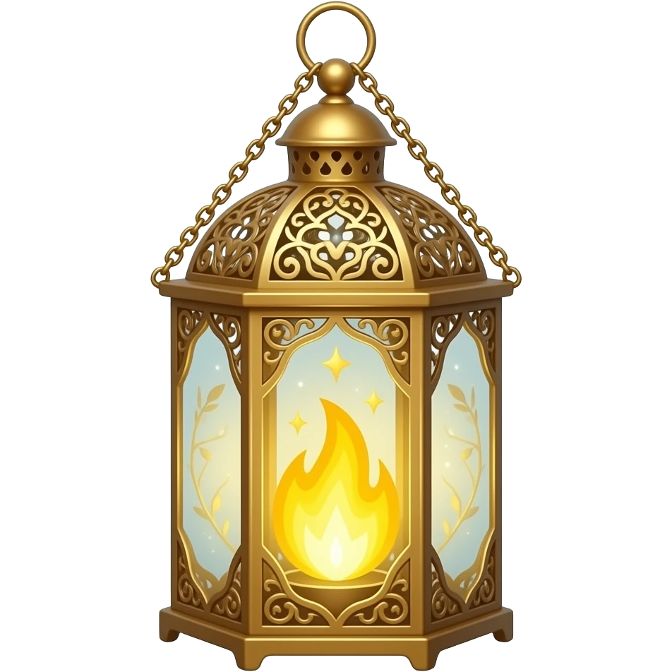 A gold hanging lantern with a bright  yellowflames, an empty loop on top, fae themed emoji