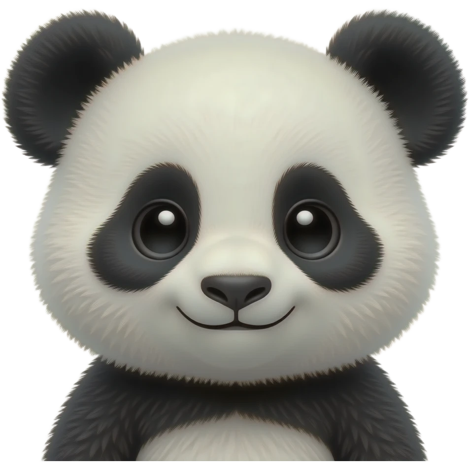 Baby panda emoji, innocent expression, oversized head, tiny ears, soft fluffy fur, kawaii 3D emoji icon, clean background emoji