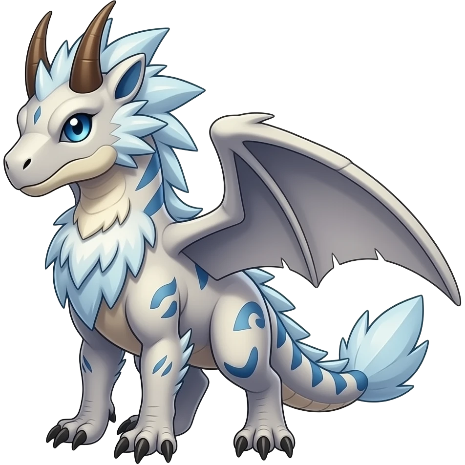 Raptorik scaley feathery horned Amaura-Wargreymon-Aurorus-ExVeemon-WereGarurumon-Pokémon-Fakémon-hybrid-fusion-creature, full body emoji