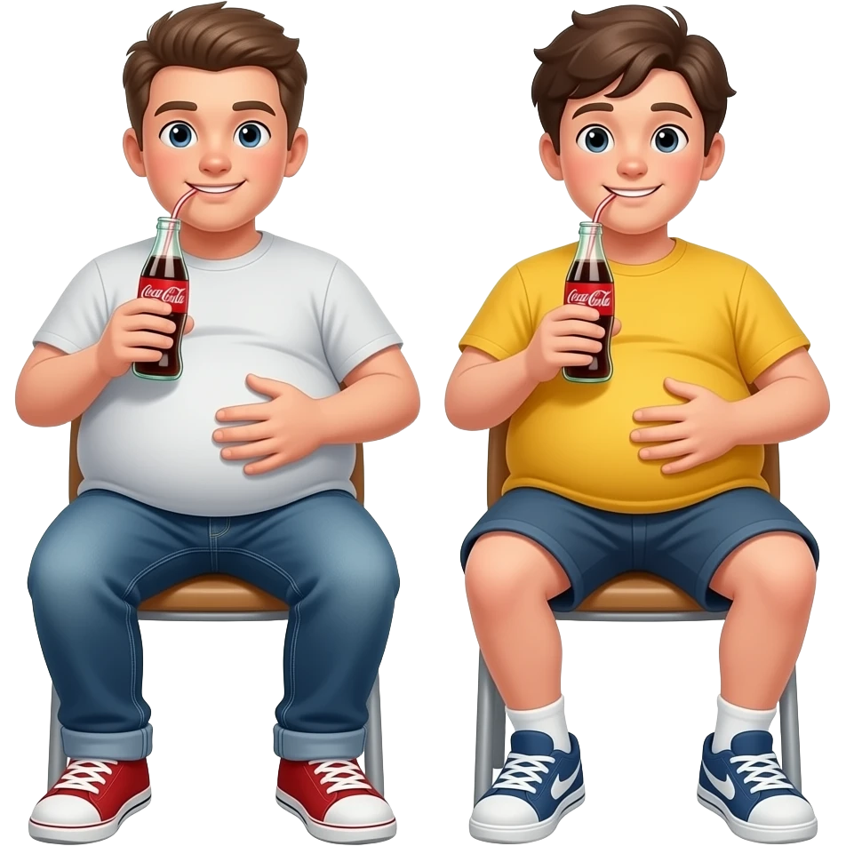 Oba chłopaki 1 krześla ma super ogromny brzuch 2 krześle ma 25x ogromniejszy niż ten 1 krześle 1 krześla ma 18 lat 2 krześle ma 16 lat ich brzuchy mają kształt jak ogromne piłki siedzą 1 prześlę ma jeansy 2 krześle ma spodenki i żółtą koszulkę i rozmawiają i głaszczą swoje brzuchy i piją coca-cola emoji