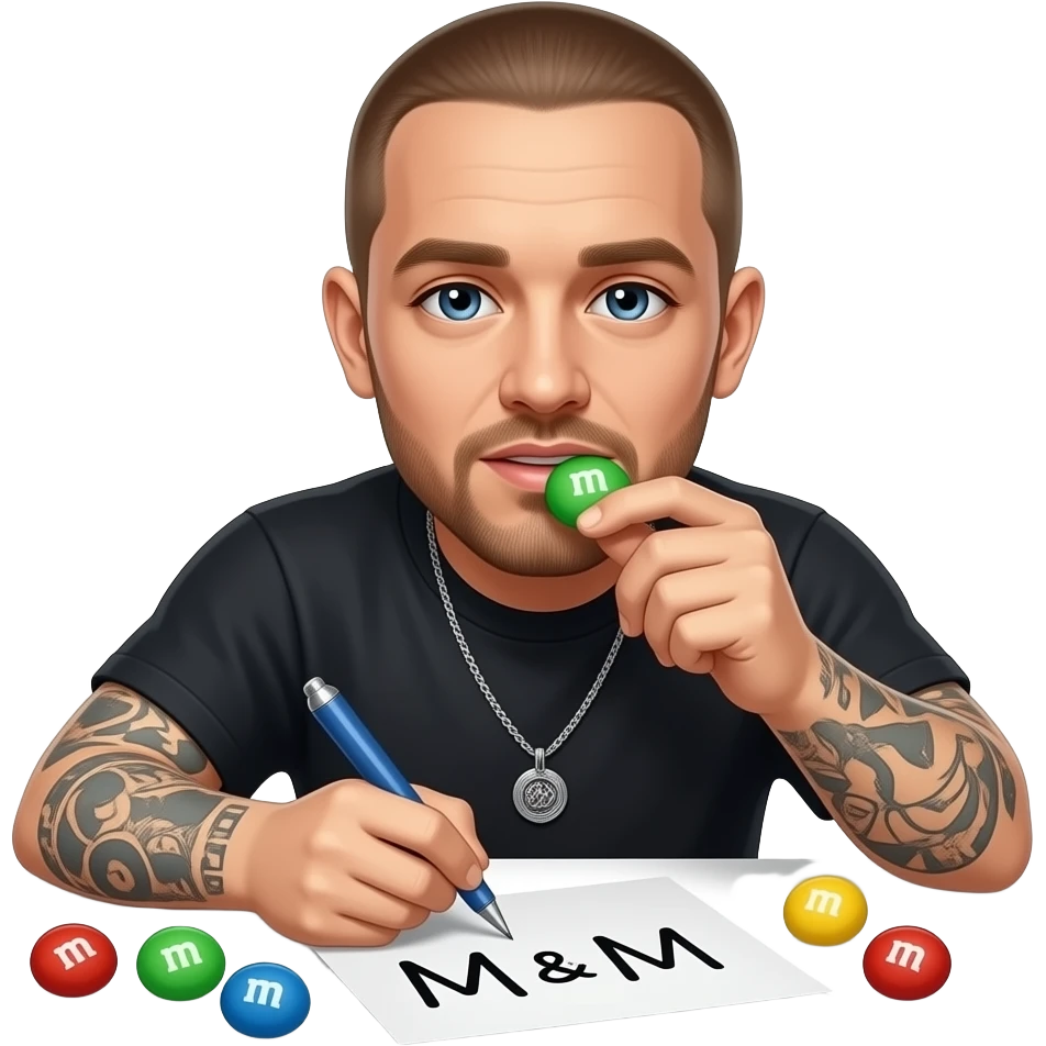 Eminem eating a m&m while writing the word M And M on paper emoji