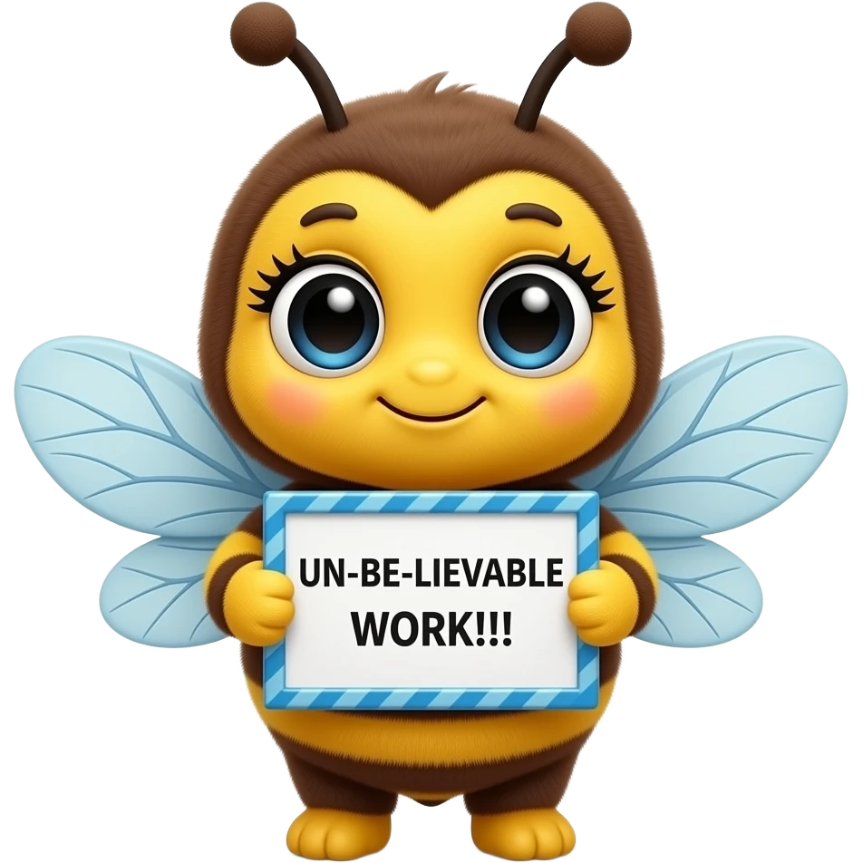 Create a super cute stuffed Animal which Looks Like a yellow and brown Bee facing front with big eyes and long eyelashes  holding a blue striped ondulated frame sign with in front of its chest that says in a funny big black font "UN-BEE-LIEVABLE WORK!!!" emoji