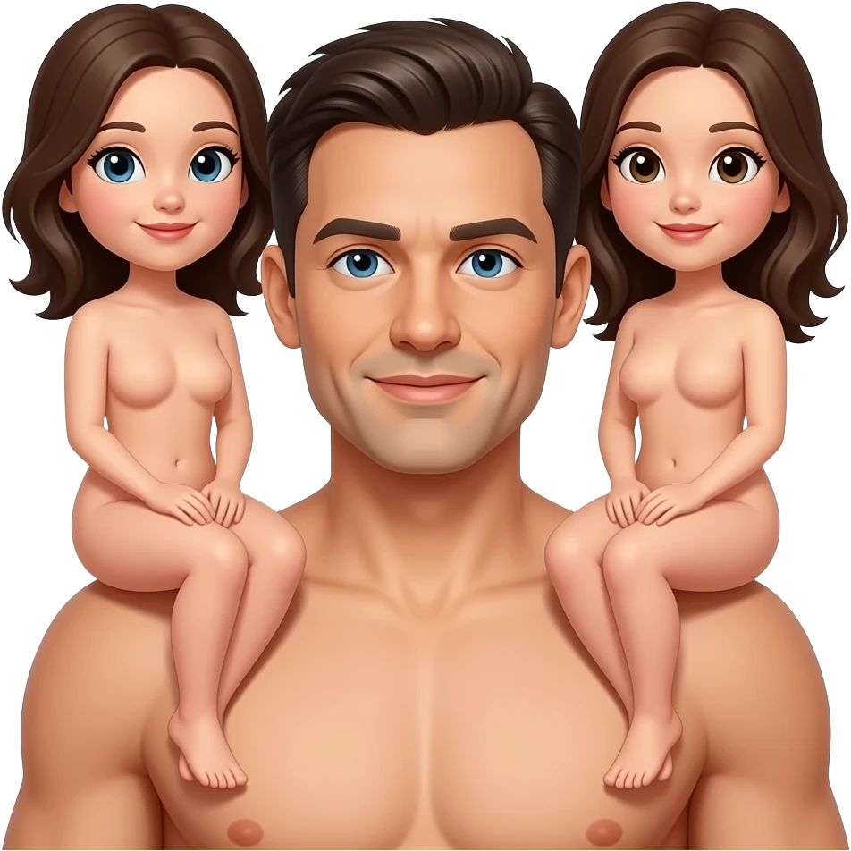 Two naked ladies sitting on a naked man emoji