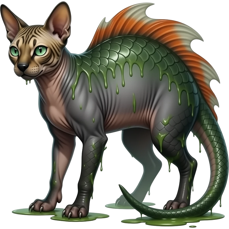 Realistic cool badass swampy greenish dark edgy spooky Flurry furry scary slimy oily glossy wet gloomy dusky scaly sergal-serval-possum-sphynx-Koi-sergal-fusion-animal-hybrid-creature with a snake-tail emoji