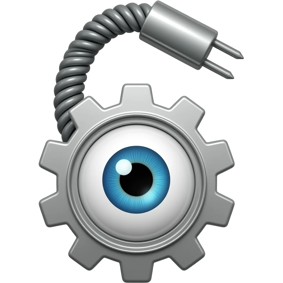 A number six that is made of a gear and a cable and one eye in the middle of the gear , and it looks like it's in the shape of the number six a gear on the bottom and a cable on the top of the gear emoji