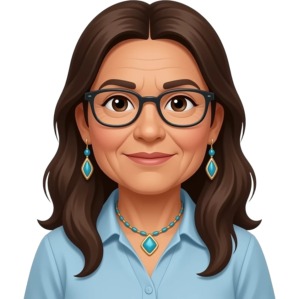60 year old native american woman, long brown hair, glasses emoji