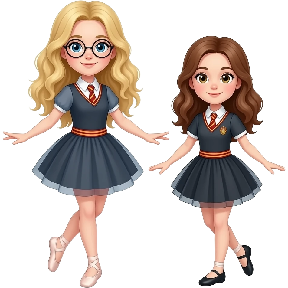 Two Harry Potter ballerinas dancing- one taller with dirty blonde hair, and one shorter with brown hair. Both Harry Potter ballerinas please emoji