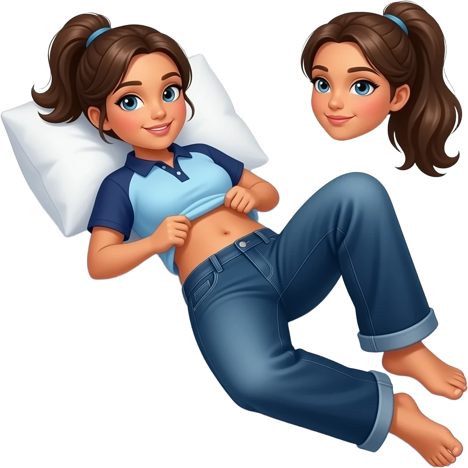 Hispanic girl with brown ponytail and blue eyes light blue and dark blue polo and dark blue baggy jeans and belly button laying down on her pillow on her bed showing her feet lifting her shirt all the way up showing belly rolls emoji