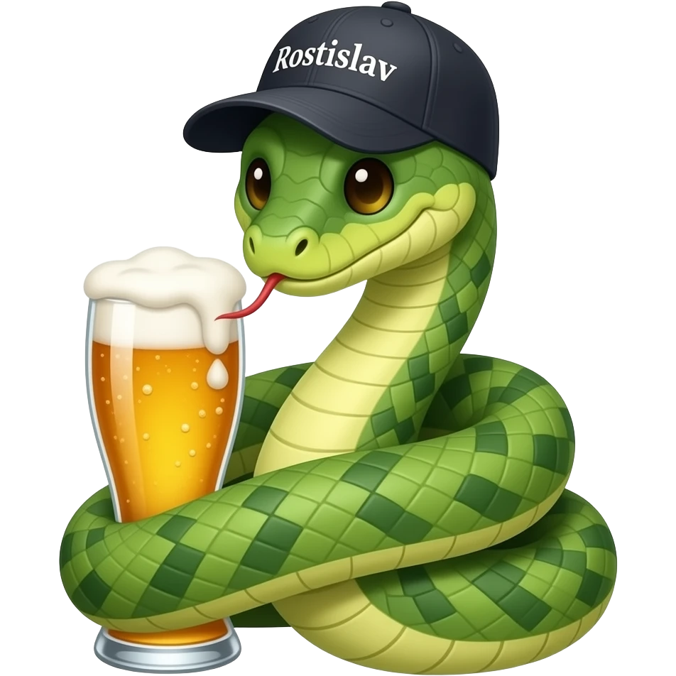A snake in a cap with the inscription Rostislav is wrapped around a glass of beer. emoji