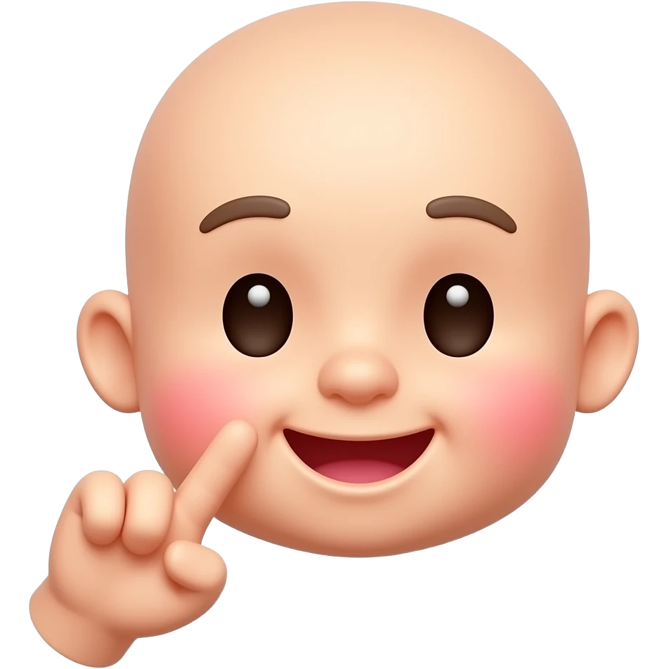 Cute 3D emoji baby face with one finger poking the cheek, hand emphasized larger than the face, blushing cheek, lovely playful expression, glossy rounded style, white background. 손만 emoji