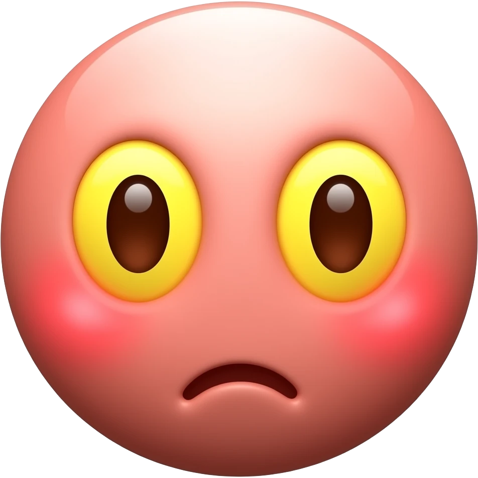 빨간 얼굴의 홍조를 하고 있는 노란 눈알   갈색 동공의 귀여운 만화 입체적 이모티콘 emoji
