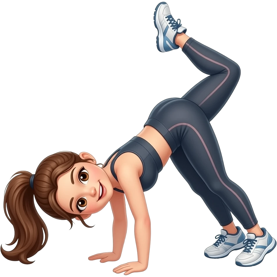 Girl with brown hair in a ponytail and brown eyes wearing workout clothes doing handstand emoji