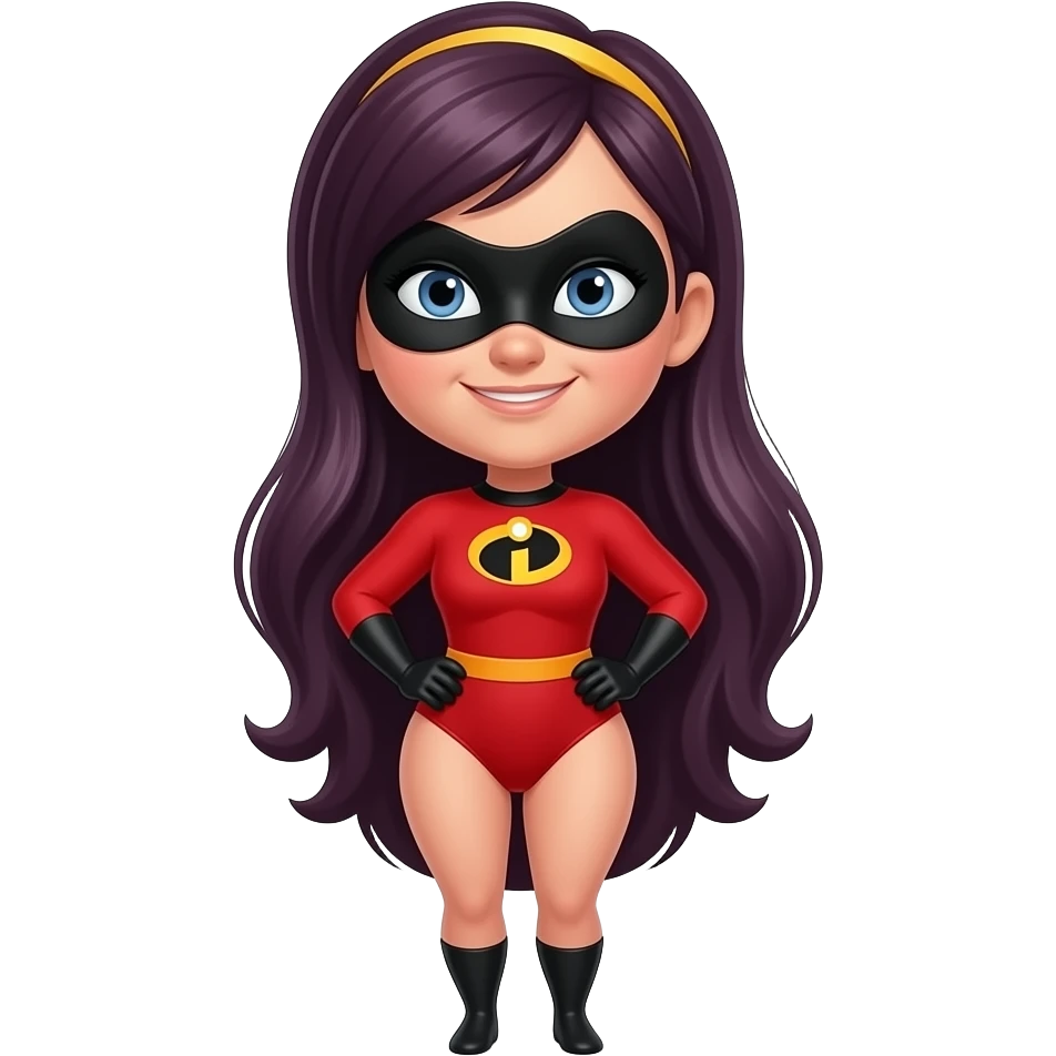 Violet Parr in a red Incredibles 2 piece bathing suit, long black hair, yellow head band, sexy, (fullbody) light skin, black eye mask, curvy body. emoji