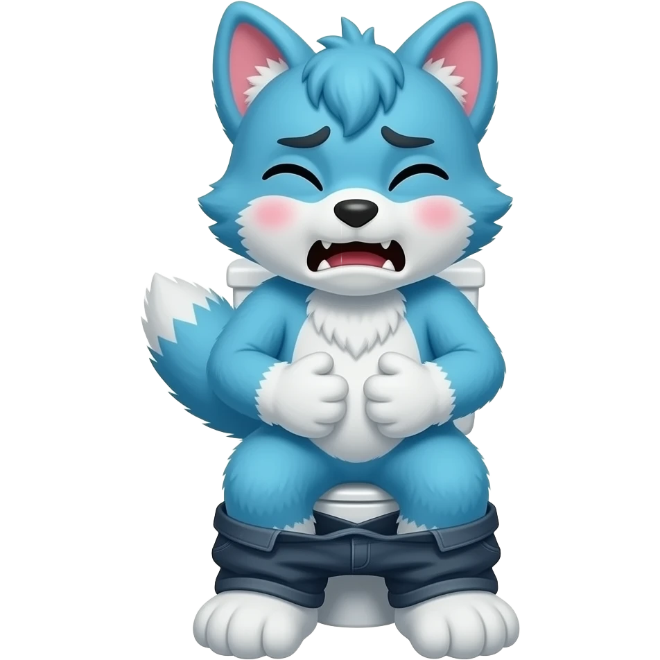 blue fursuit sitting on toilet, drone view, pants down, straining face, blushing face, pain, pushing, both hands on stomach, discomfort, grunting emoji