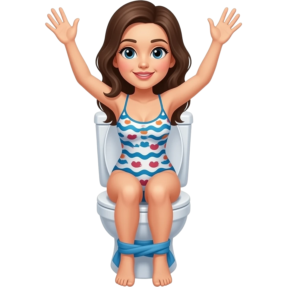 Woman, in swimsuit, on toilet, hands up emoji
