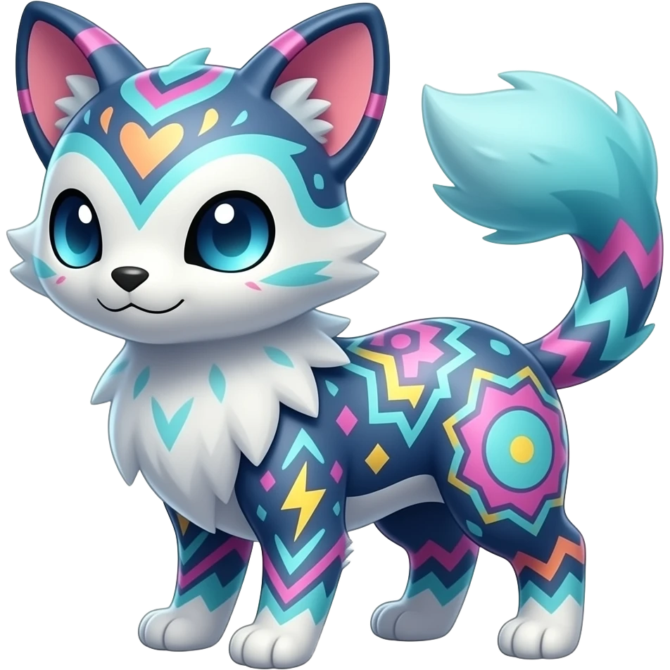 Colorful unique fantasy original shiny smooth soft flurry edgy cool Civet-Absol-Sprigatito-Vaporeon-Fakémon-hybrid with tribal chevron heart floral lightning bolt strikes damask paisley markings emoji