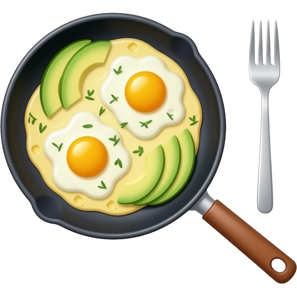 scrambled eggs in skillet with avocado slices cheese and herbs emoji