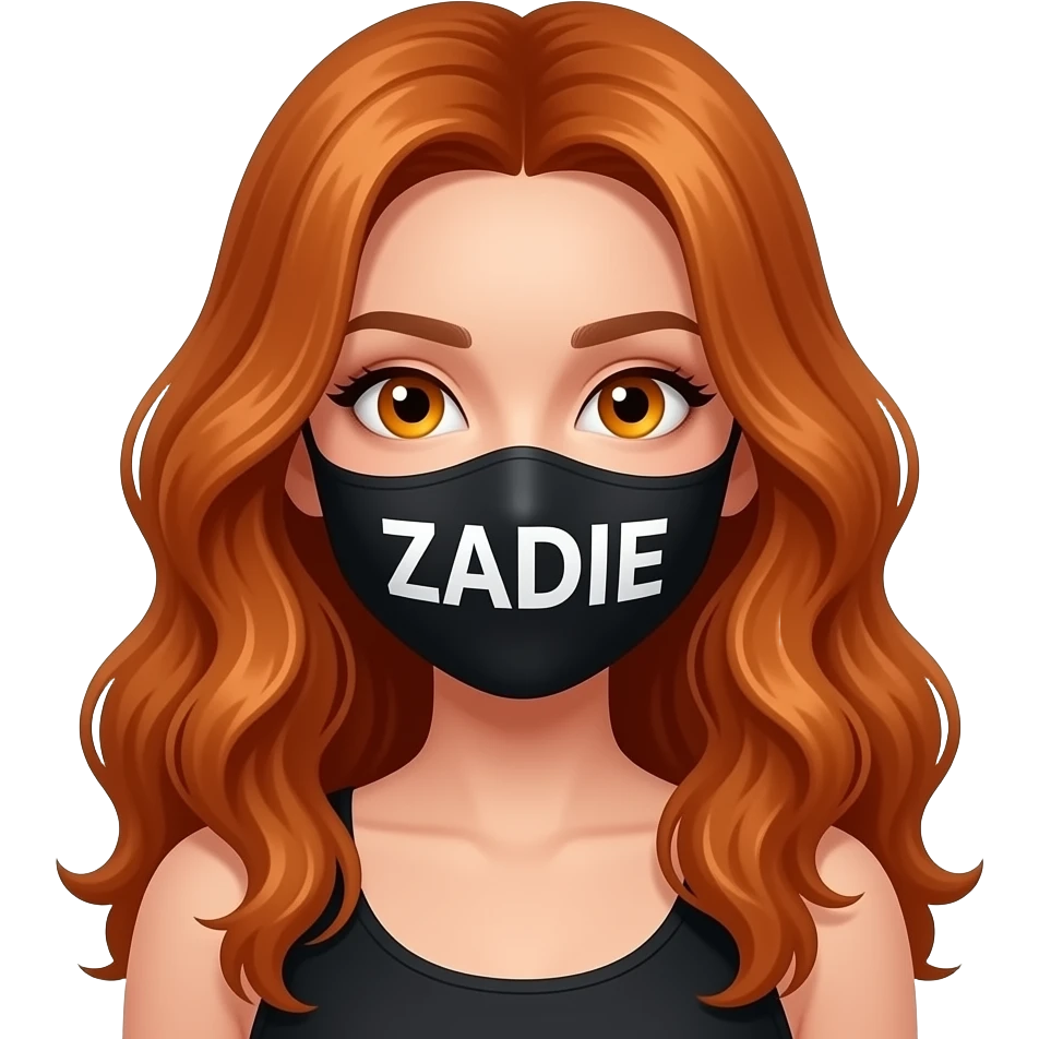 sexy girl with overlong wavy ginger hair and ginger eyes wearing a black mask with ZADIE written on it emoji