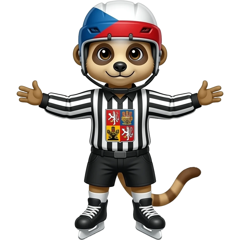 Create a meerkat hockey referee with skates and helmet jersey and Czechs flag helmet showing NO-GOAL posture with both hands showing to side emoji