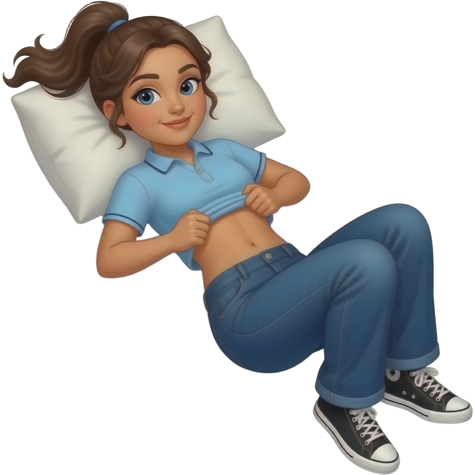Hispanic girl with brown ponytail and blue eyes light blue dark blue lined polo and dark blue baggy jeans and belly button and black and white sneakers laying down on the pillow in bed lifting her shirt rolling her tummy with abs emoji