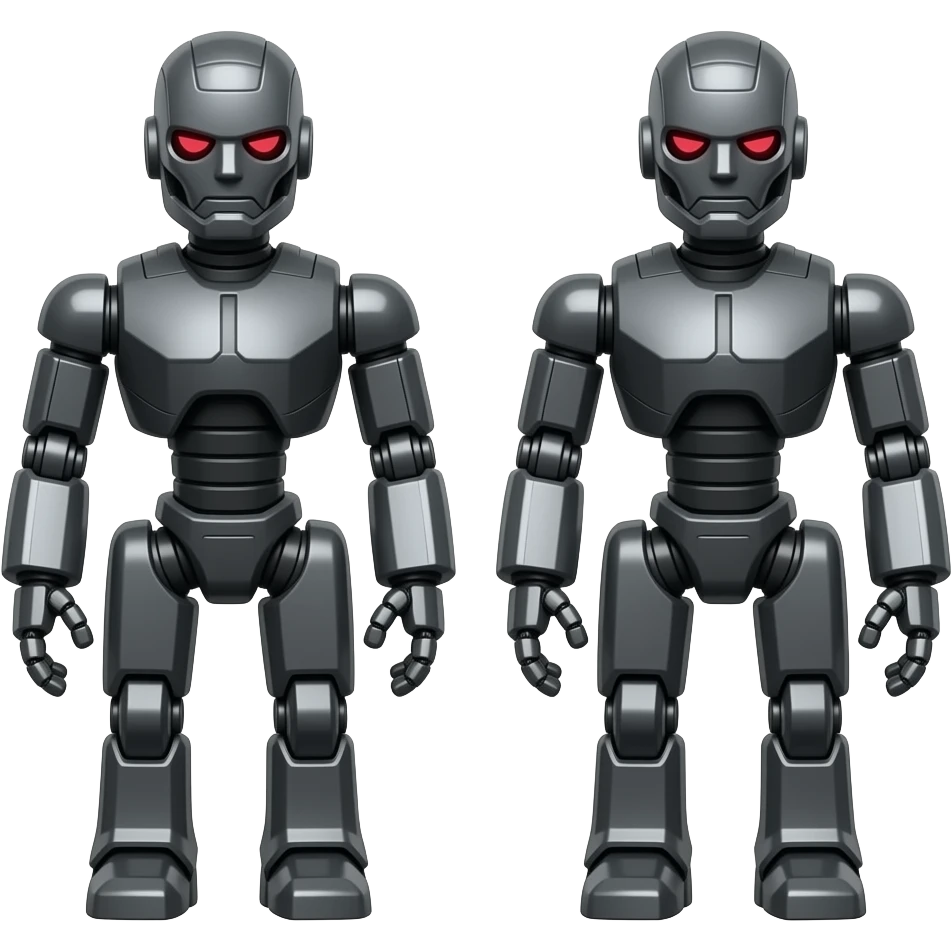 2 mechanical twins made of dark grey metal with black and red markings. emoji