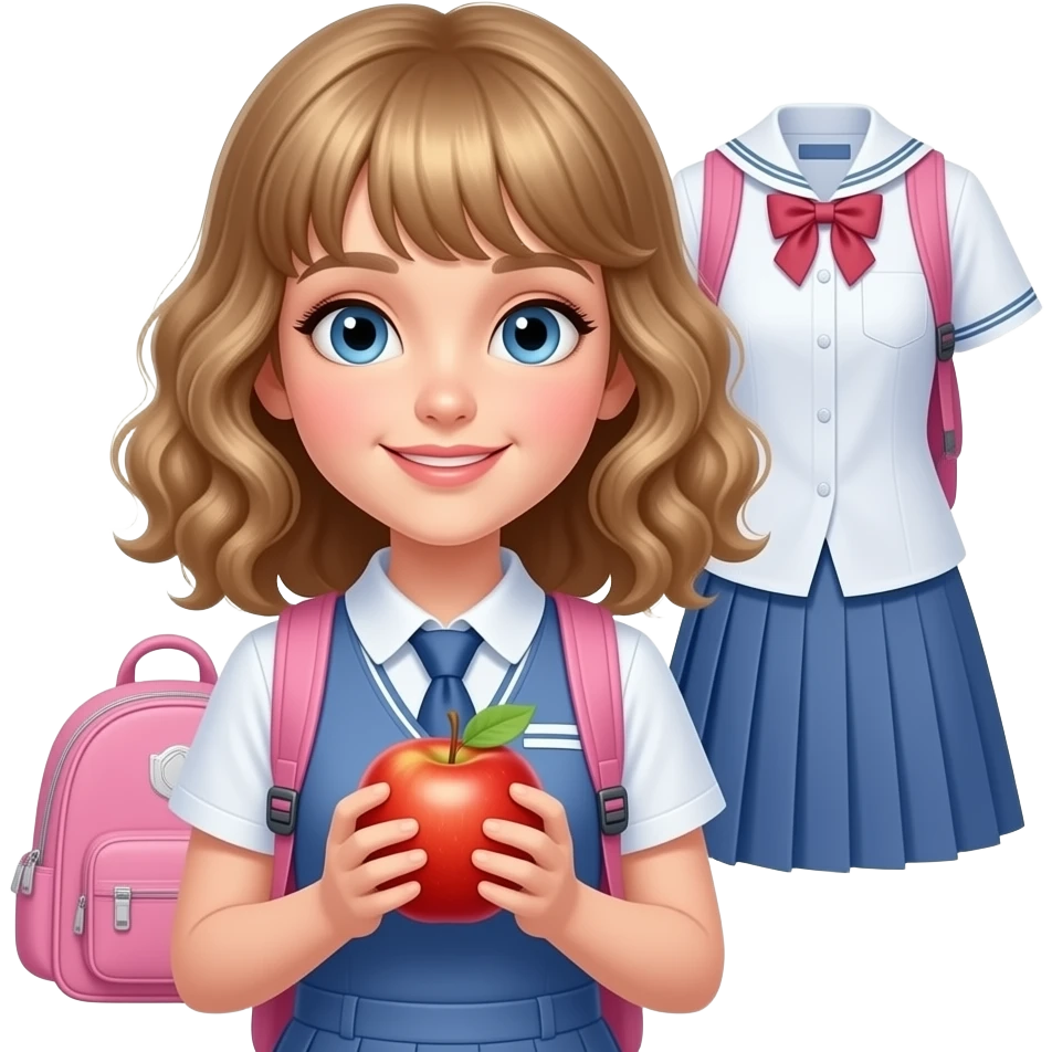 white kid blue eyes mid length hair to her shoulders with bangs soft curly hair to shoulders in color: middle to little darker blond. holding an apple in her hands with a pink backpack beside her and on the other side tomorrows outfit emoji