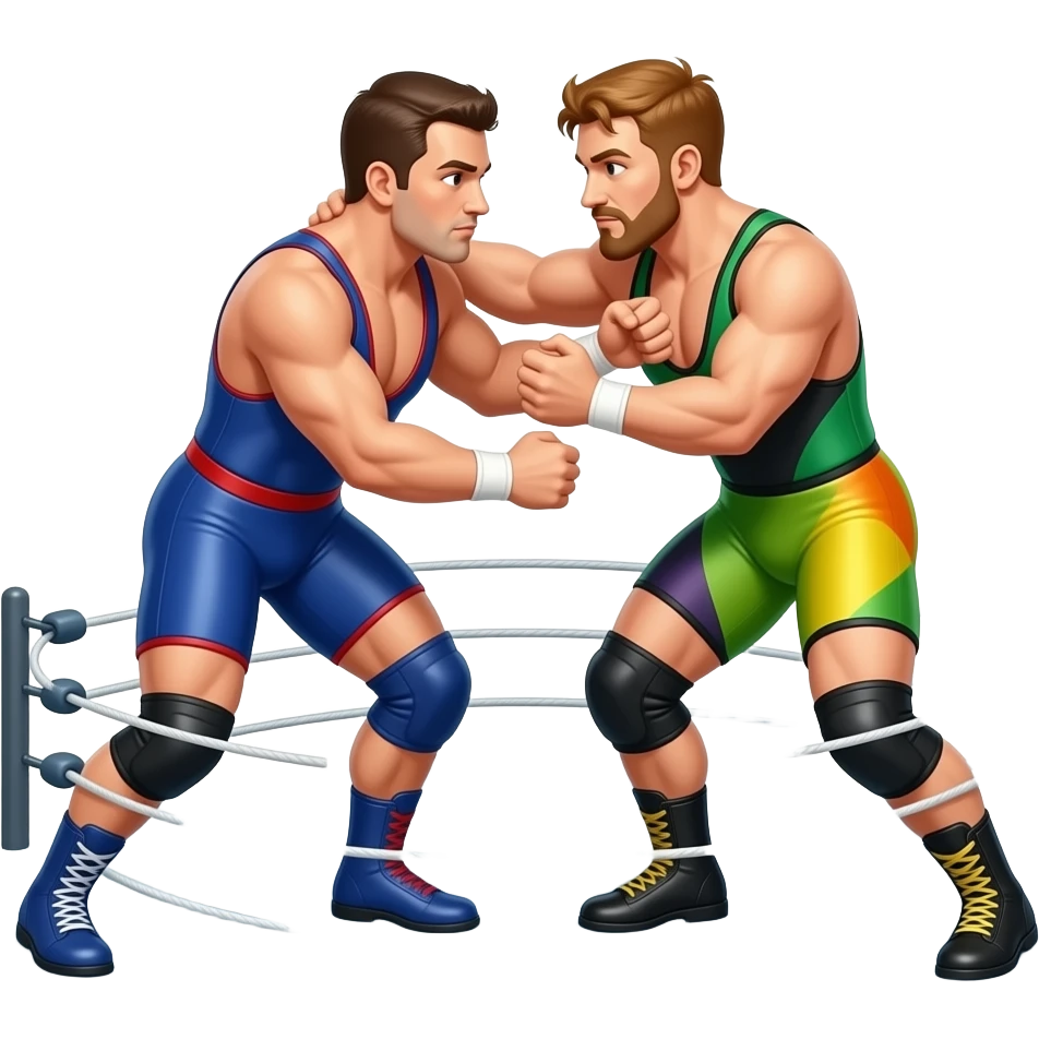 Erstelle ein Bild von zwei Wrestler in knappen engen Wrestler-suits, sie haben unterschiedlich Farben und sie ringen miteinander in einem Ringkampf emoji