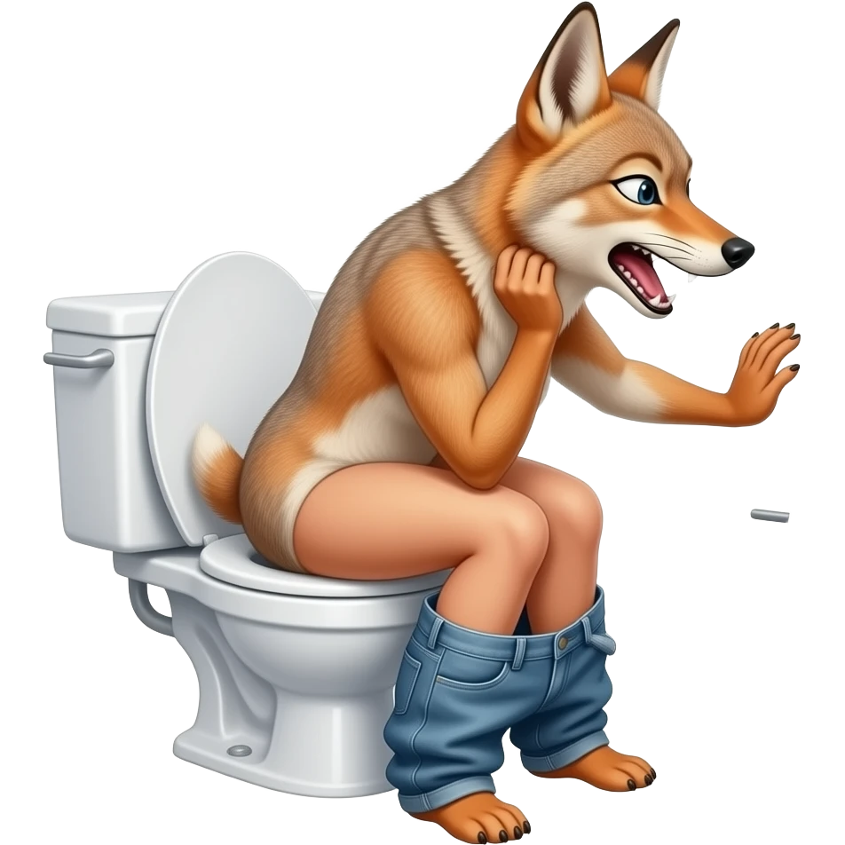 Female jackel furry person woman sit on toilet pants off,grunting,hand on wall,crossing legs,side view,fursona emoji