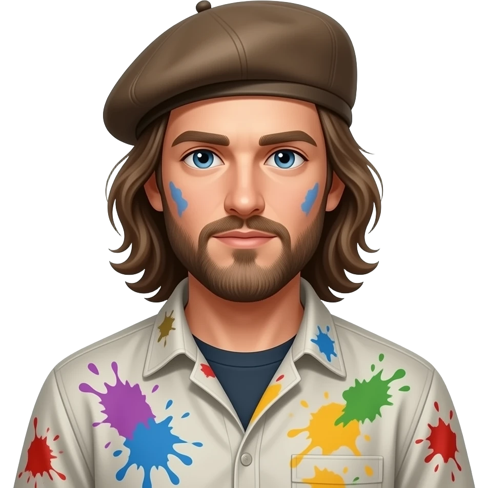 long hair male artist with beret paint-splattered smock emoji