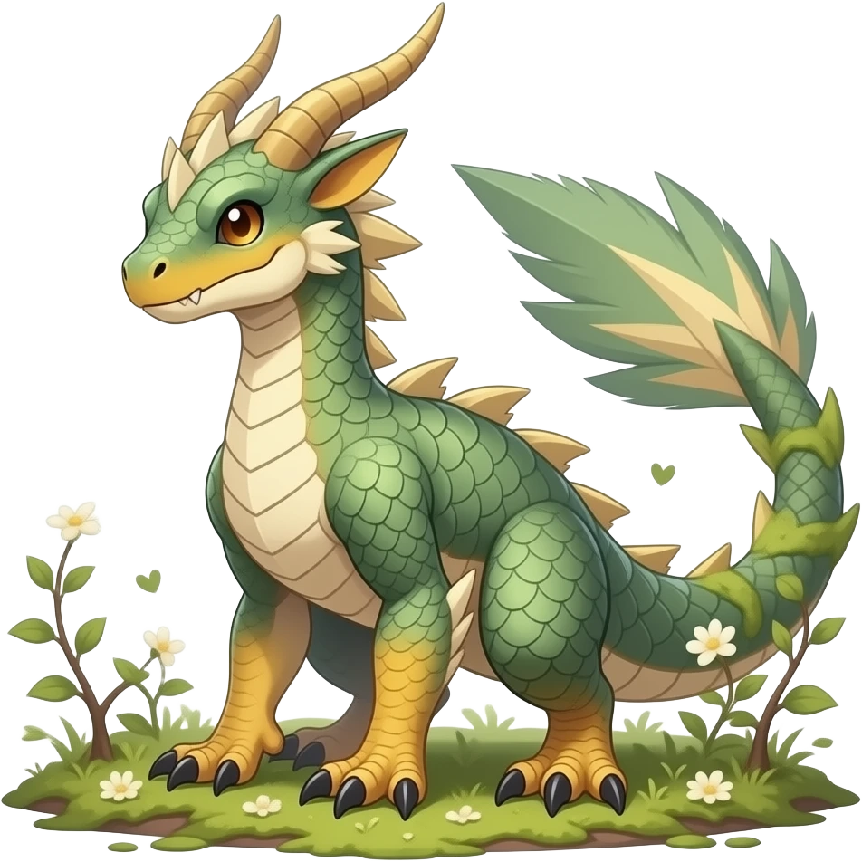 romantic ivy mossy greenish pastel Beige yellowish beautiful gorgeous attractive pretty Raptorik scaley feathery horned Amaura-Wargreymon-Aurorus-ExVeemon-WereGarurumon-Pokémon-Fakémon-hybrid-fusion-creature, full body emoji