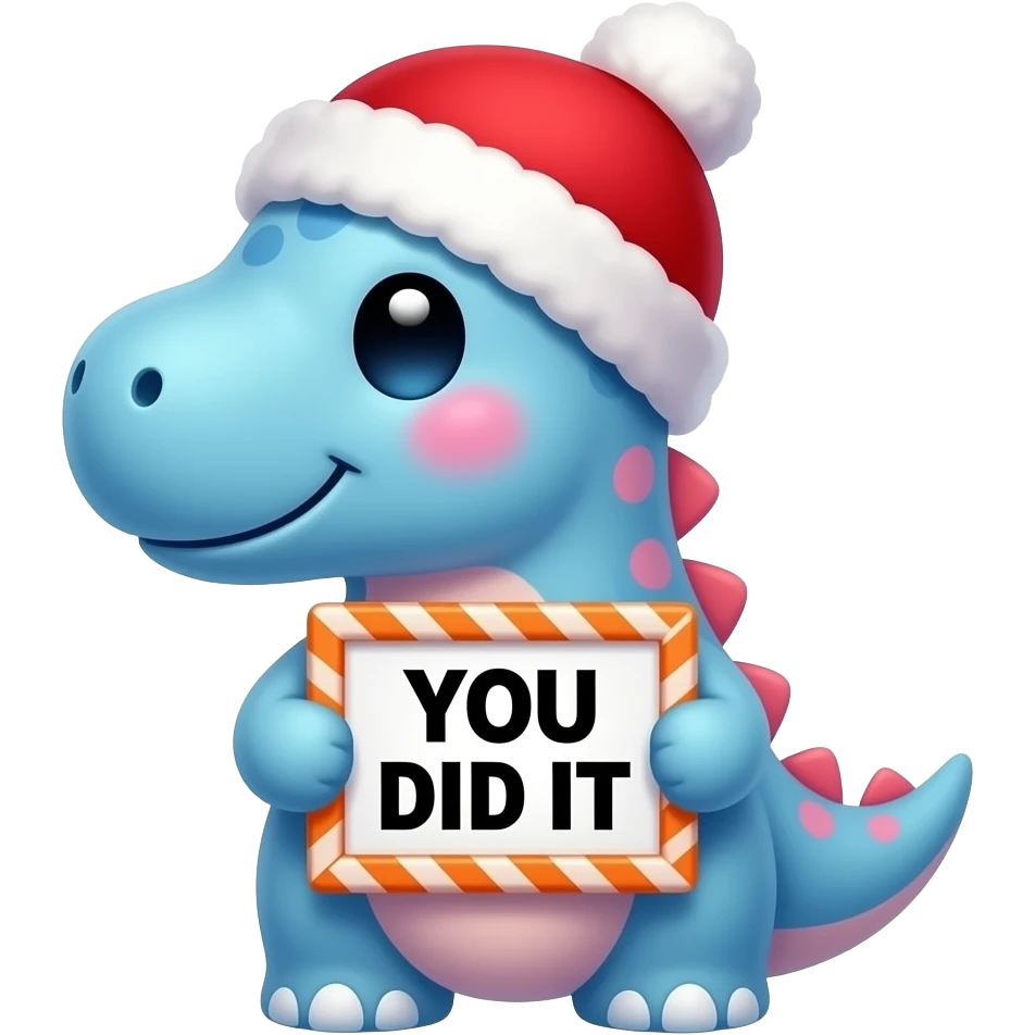 Create a super cute stuffed kawaii blue and pink gradient Animal which Looks Like a Brachiosaurus with big eyes and long eyelashes and with a red winter hat holding a orange zig zag frame sign with in front of its chest that says in a funny black font "YOU DID IT" emoji
