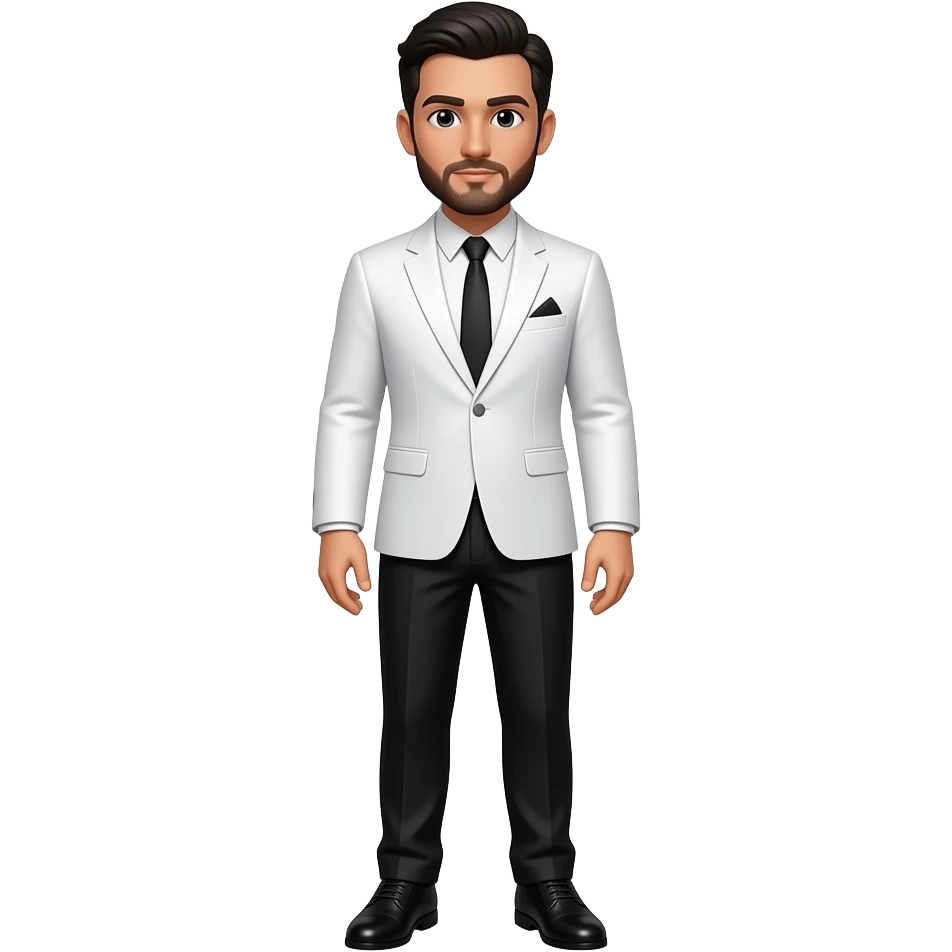 A white american man with a black short hair, black stubble beard, long sleeve white suit with a black tie, black pants with black shoes, emoji