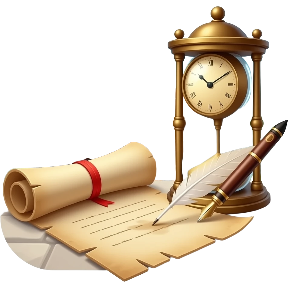 icon featuring ancient scrolls, quill pen with famous historical landmarks and monuments in the background like colliseum. Large, antique sand clocks. Transparent background. emoji
